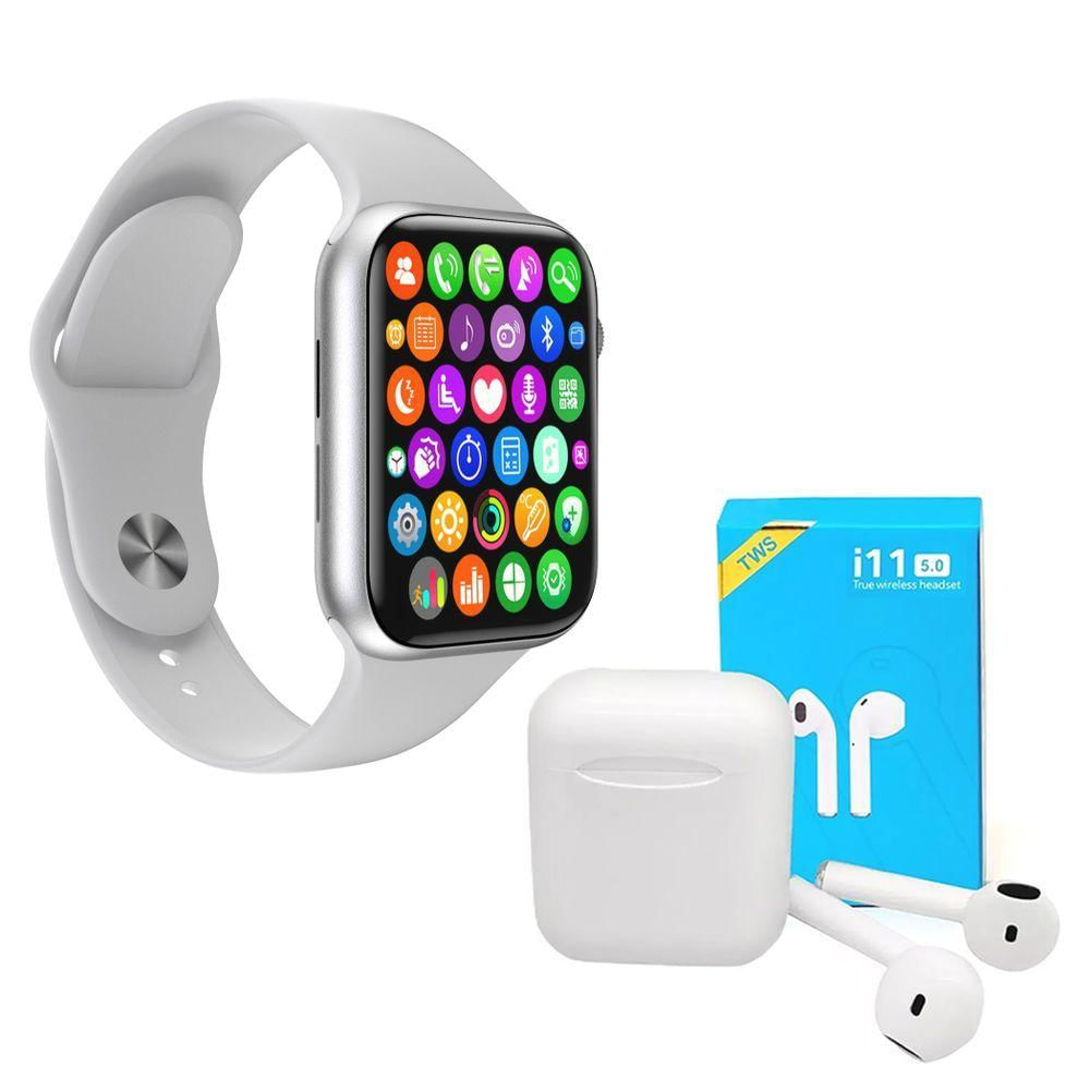 Kit 1 Smartwatch Branco + 1 Fone Bluetooth I11 Pro Tws