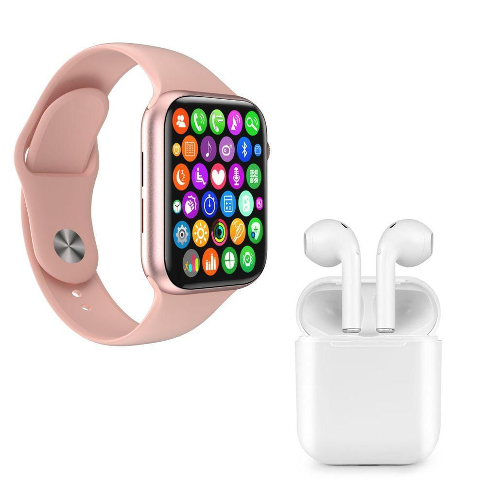 Kit 1 Smartwatch S Rosa Pulseira + 1 Fone I9S Tws Branco