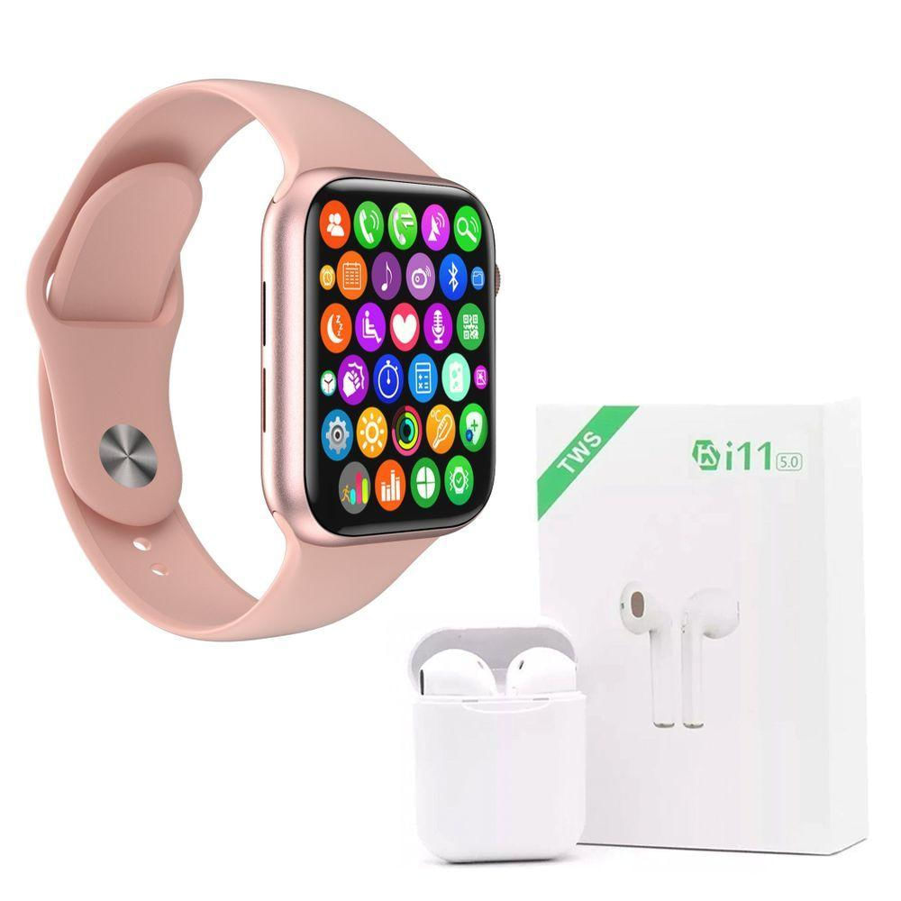 Kit 1 Smartwatch W34 S Rosa + Fone Bluetooth I11 Tws Branco