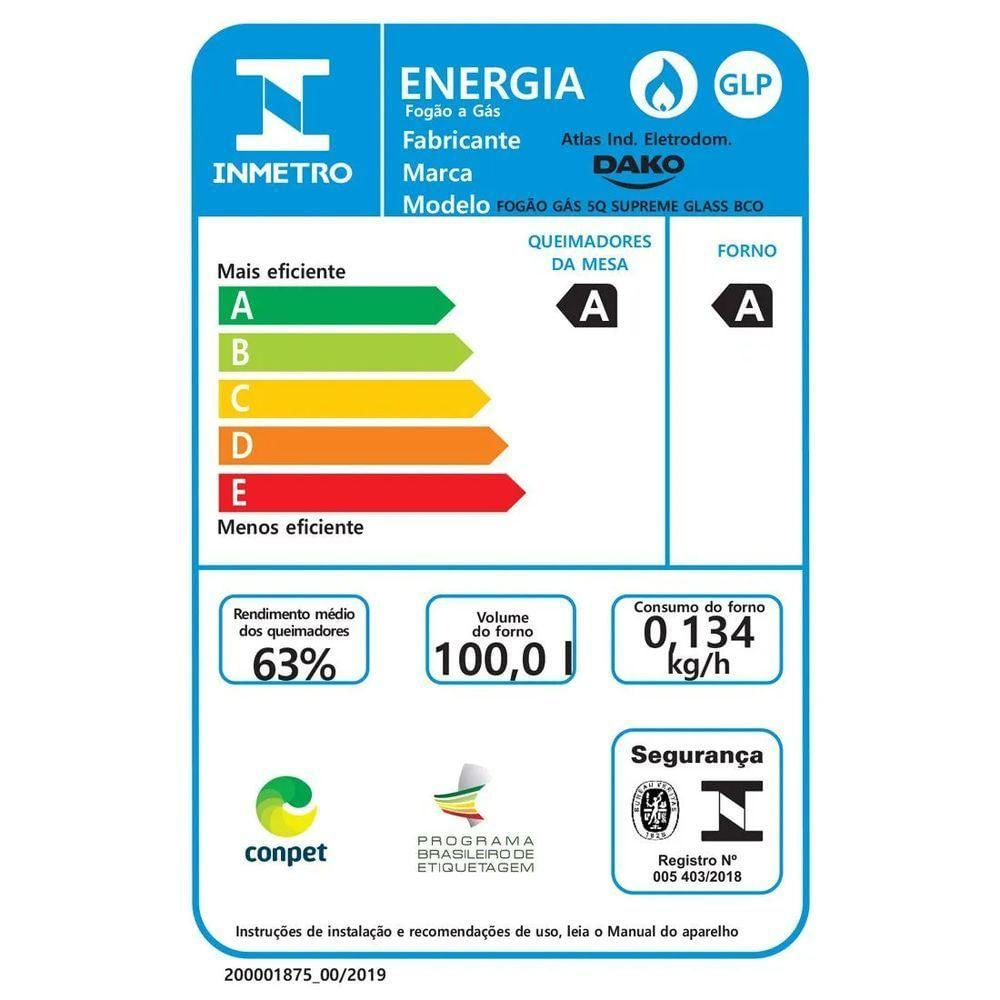 Fogão 5 Bocas Dako Supreme Glass Acendimento Automático à Gás Branco Bivolt