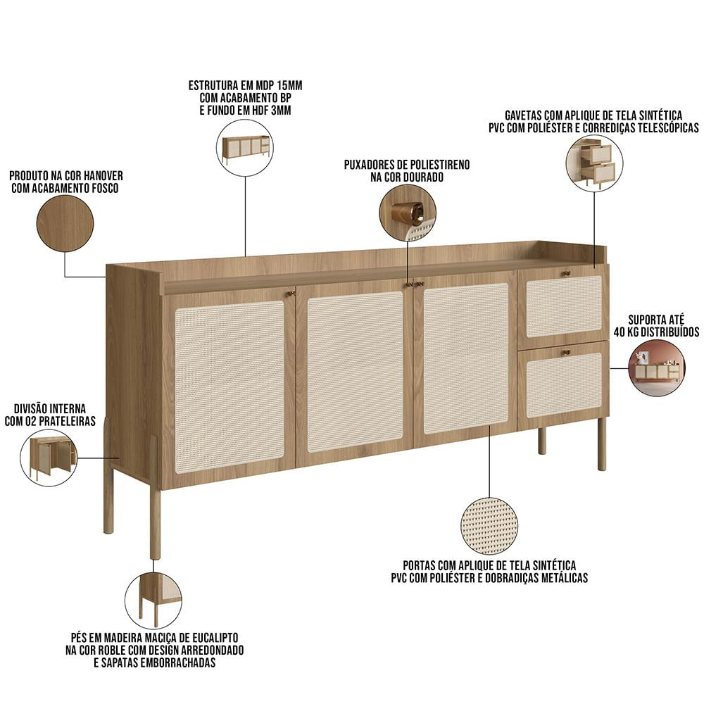 Aparador Buffet Para Sala de Jantar 183cm Pés Madeira Moss A03 Hanover Roble - Lyam Decor