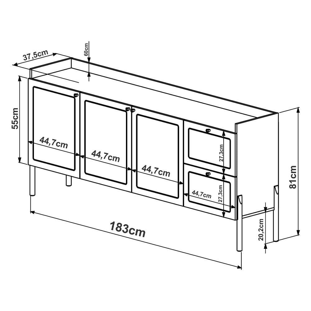 Aparador Buffet Para Sala de Jantar 183cm Pés Madeira Moss A03 Hanover Roble - Lyam Decor