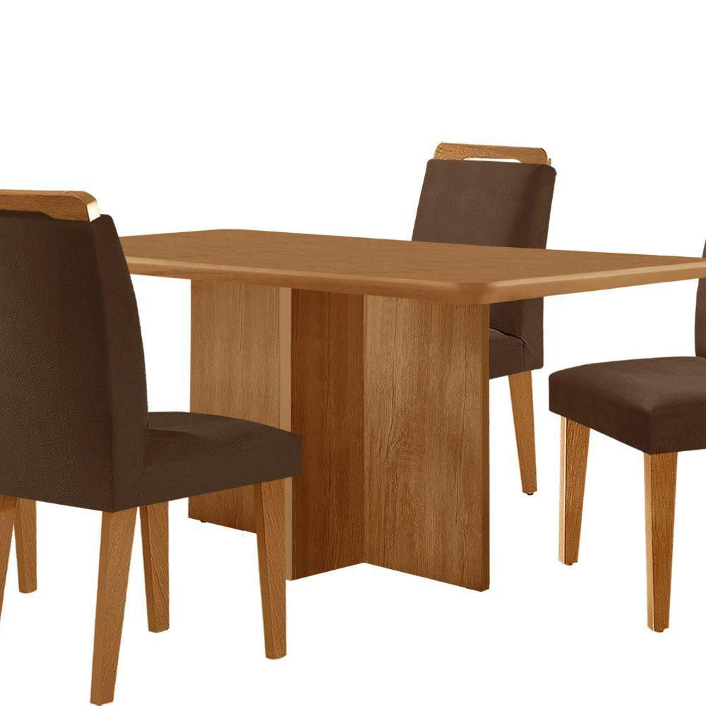 Mesa Olimpia 120 Mdf Canto Copo E Com 4 Cadeiras Athenas Veludo Marrom/naturalle/naturalle