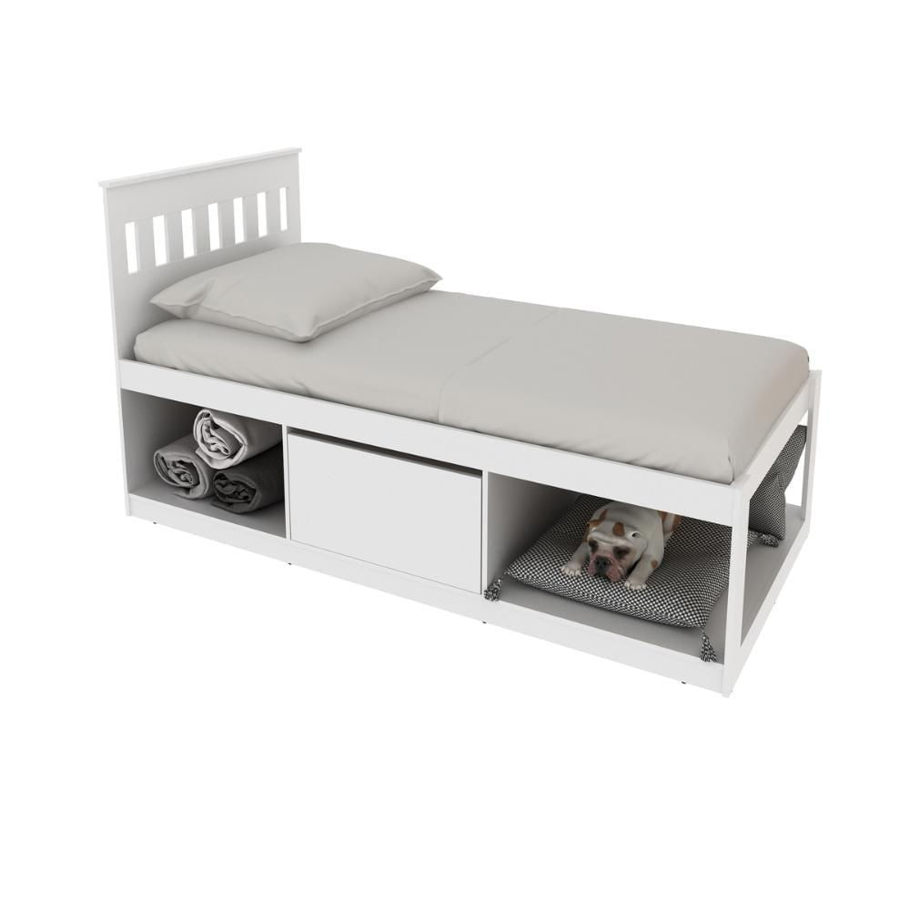 Cama Solteiro Com Nichos E Baú Cm8037 Branco Tecnomobili