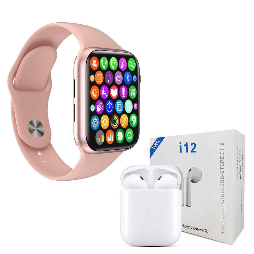 Kit 1 Smartwatch S Rosa Pulseira + 1 Fone Bluetooth I12 Tws