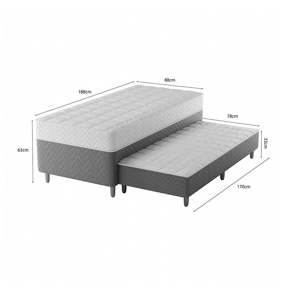 Cama Box Conjugada Solteiro com Cama Auxiliar Premier Unibox Molas Ensacadas (63x88x188) Cinza