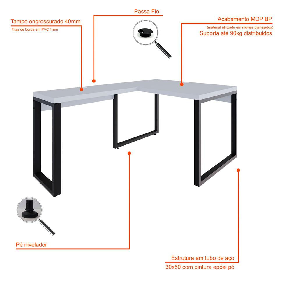 Mesa de Escritório em L Miguel Branca e Preta 120x150 cm