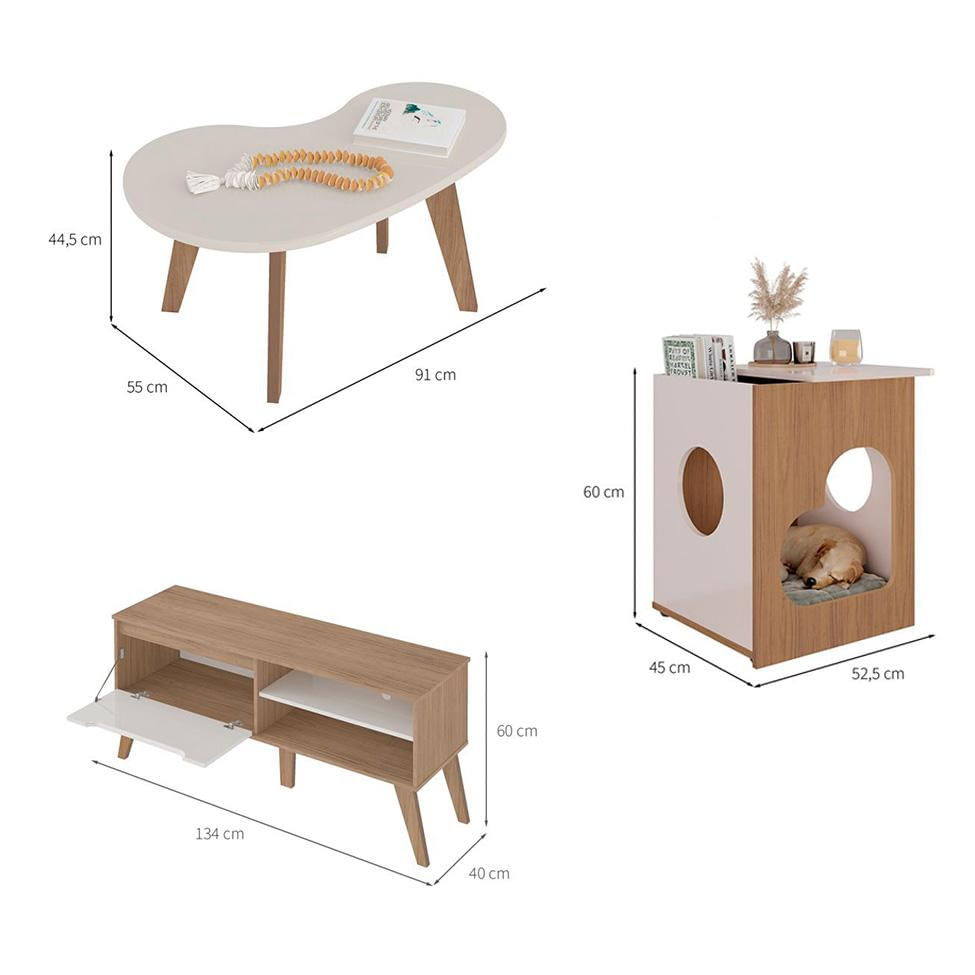 Conjunto para Sala de Estar Lotus com Rack para TV até 60 Polegadas, Mesa de Centro e Mesa Lateral Carvalho e Off White