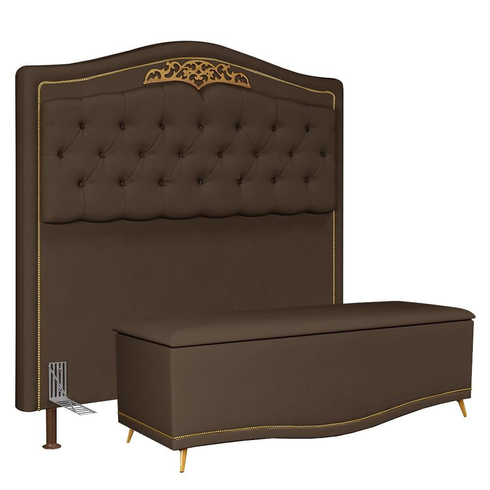 Cabeceira Cama Box Casal King 195cm Com Calçadeira Baú Imperial Veludo J02 Chocolate - Mpozenato