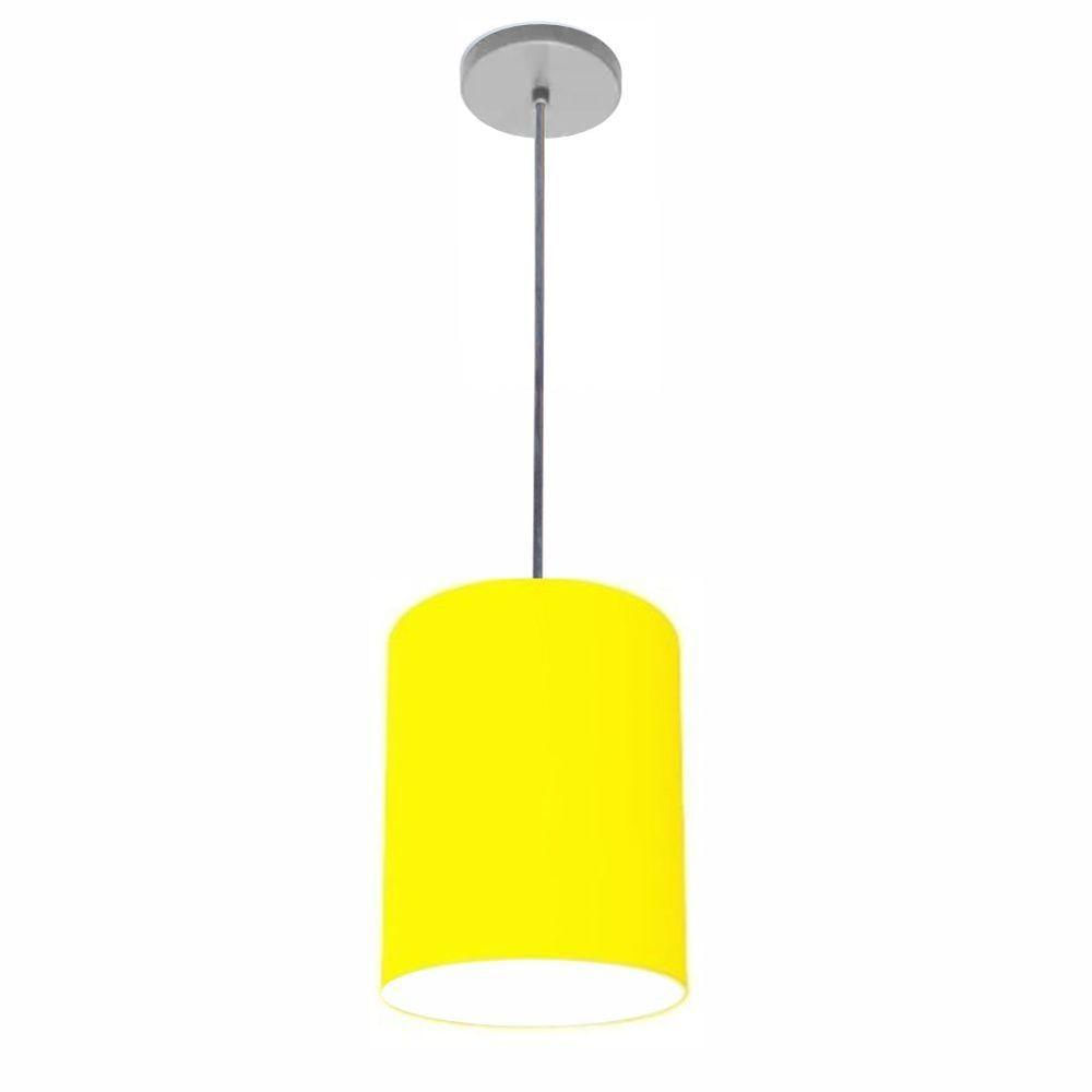 Luminária Pendente Vivare Free Lux Md-4103 Cúpula Em Tecido Amarelo Da Canopla Canopla Cinza E Fio Cristal