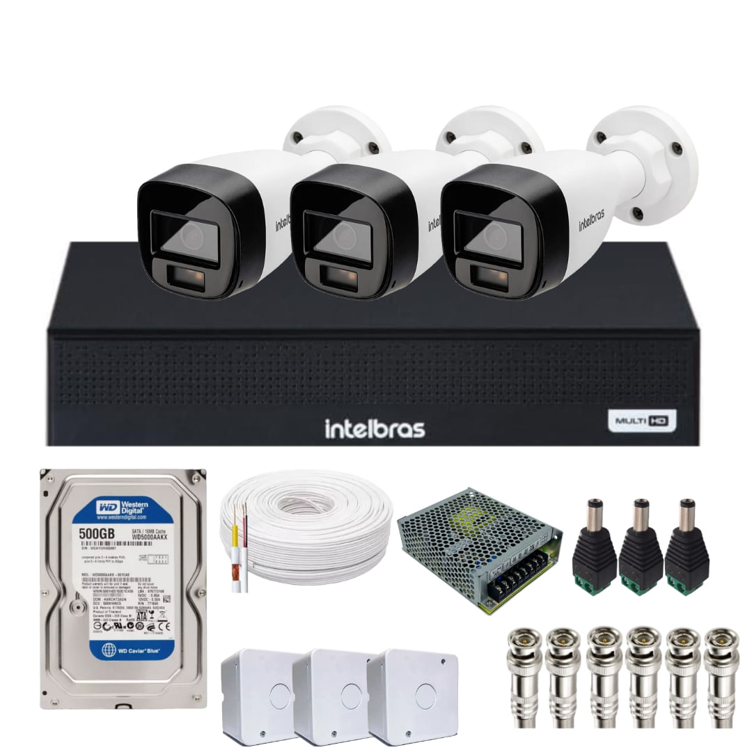 Kit 3 Câmeras Intelbras 1120b Full Color, Dvr 4ch Mhdx 1004c  Hd 500gb