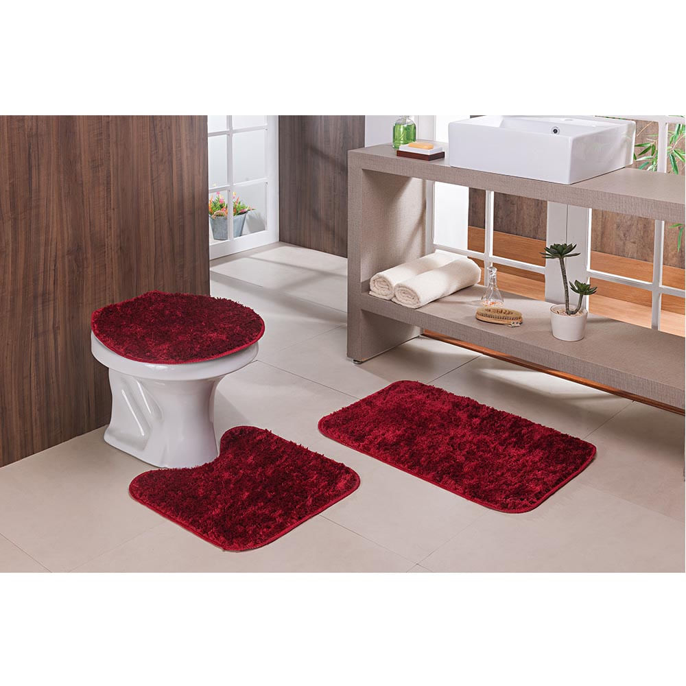Kit Jogo de Banheiro 3 Peças Vermelho Shaggy Ornare Sultan