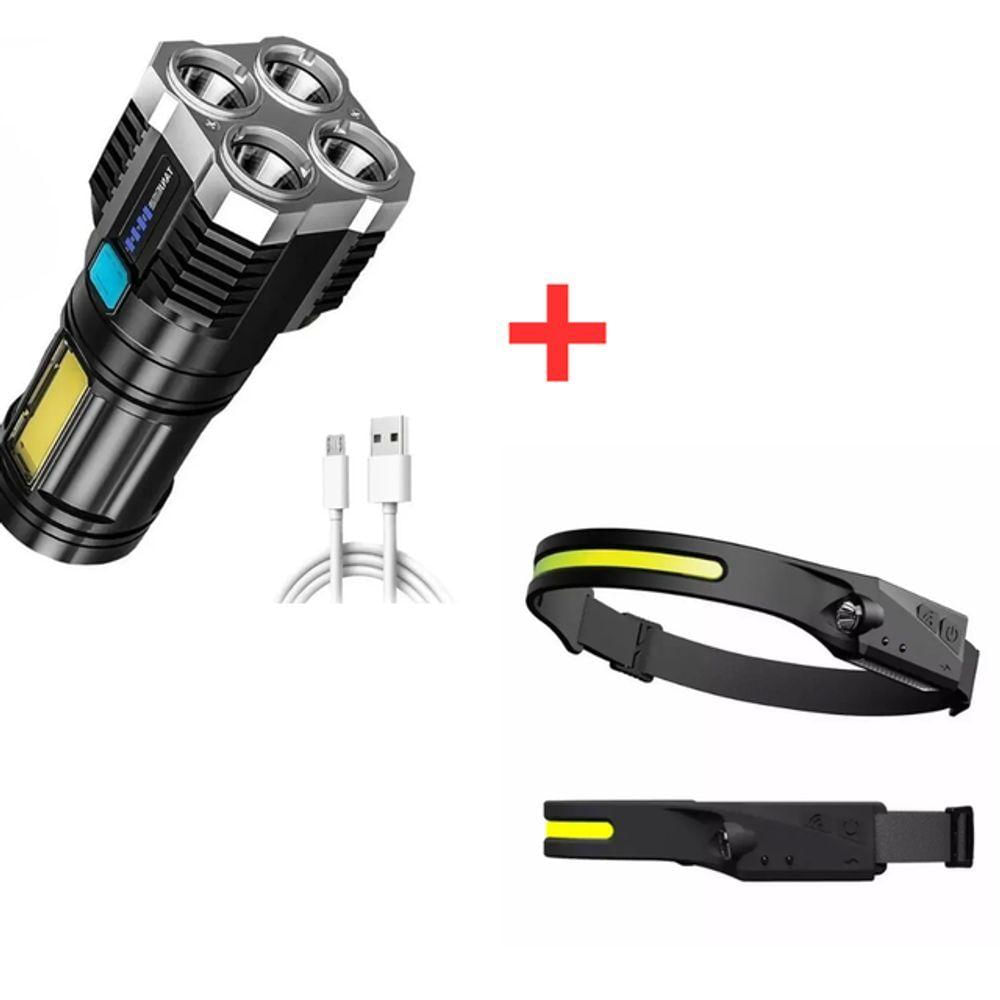 Kit Lanterna Tática Potente Alto Brilho + Lanterna Led De Cabeça Profissional Recarregável Preto