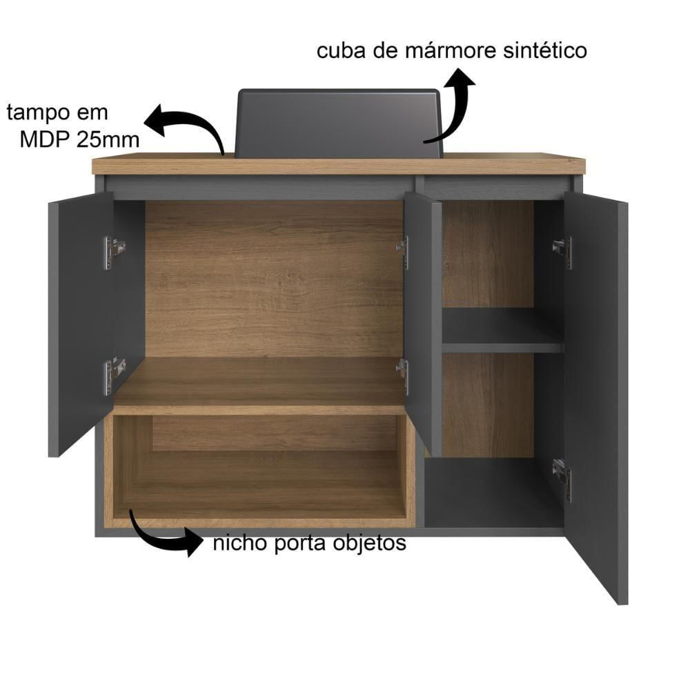 Gabinete De Banheiro Suspenso 80cm Cecília Com 03 Portas E 01 Nicho Mel-grafite Com Cuba Preta