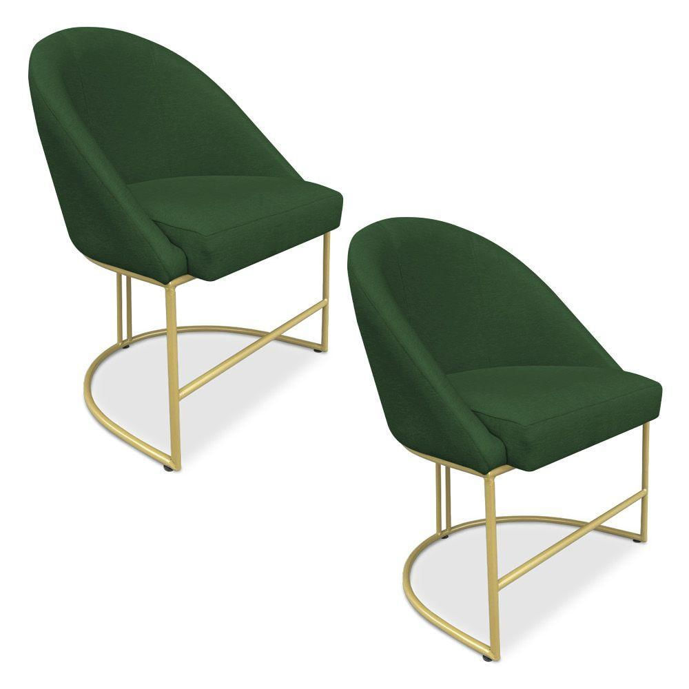 Kit 02 Cadeiras Poltrona De Jantar Bela Suede Verde Base Metálica Industrial Dourado - Pallazio