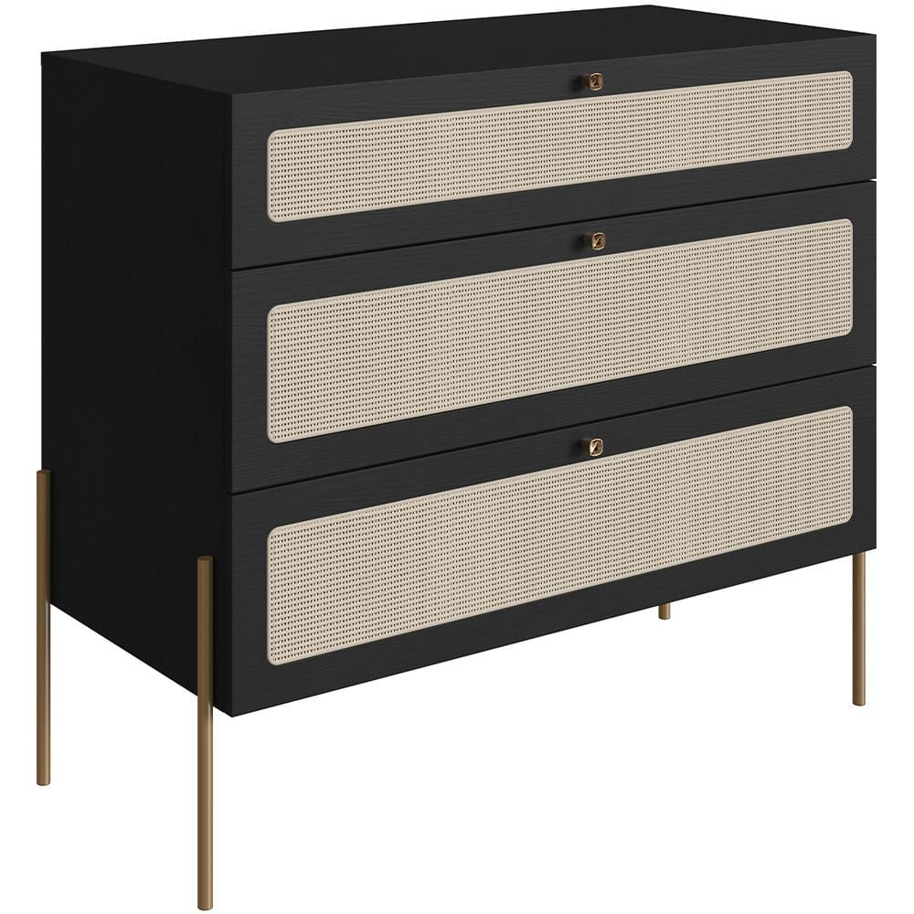 Cômoda Com 03 Gavetas Para Quarto Closet Industrial Indy A03 Nero Dourado - Lyam Decor