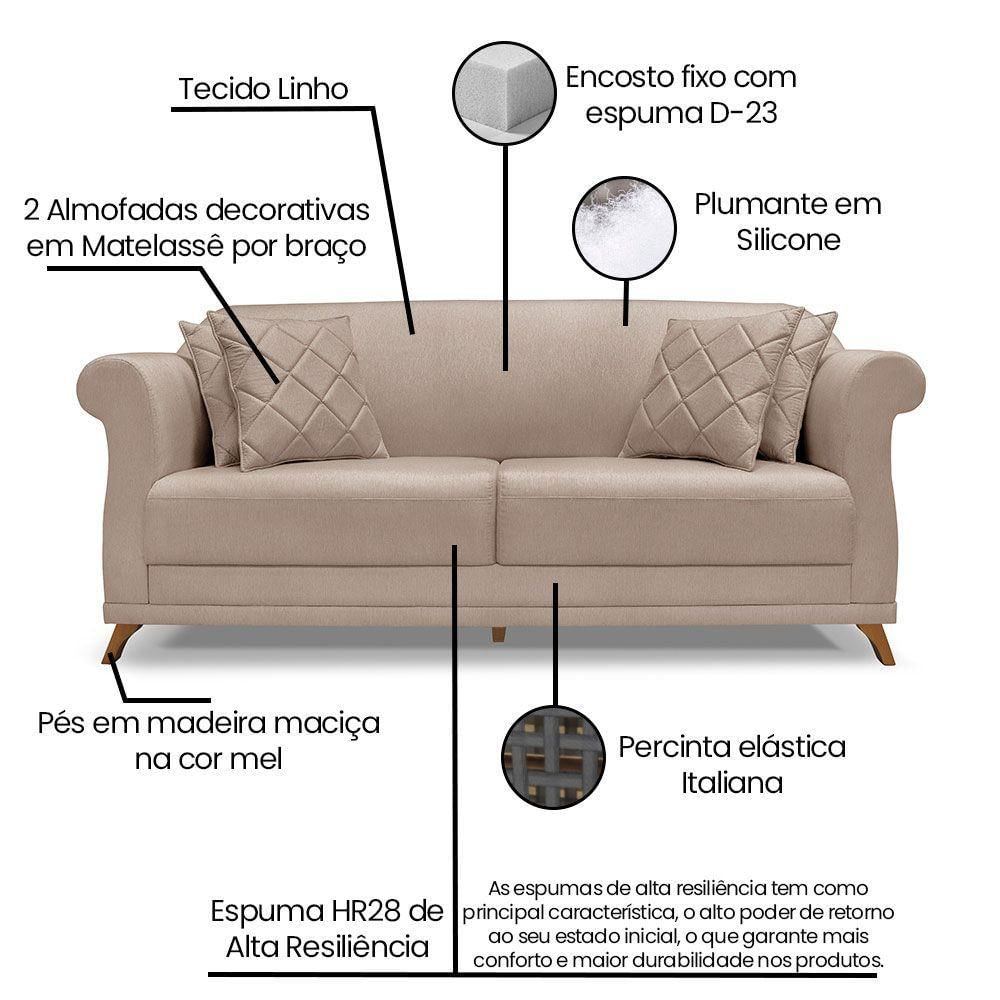 Kit Poltrona E Sofá 2 Lugares 1,60M Areia Pés Castanho