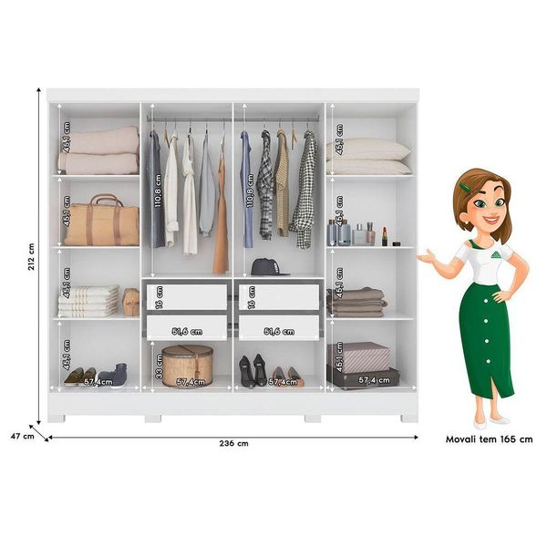 Guarda Roupa de Casal com Espelho 236x212cm Diplomata Moval Branco