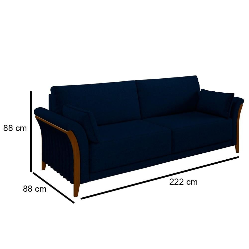 Sofá Living 3 Lugares 222cm Pés Madeira Roya M22 Veludo Azul Marinho - Mpozenato