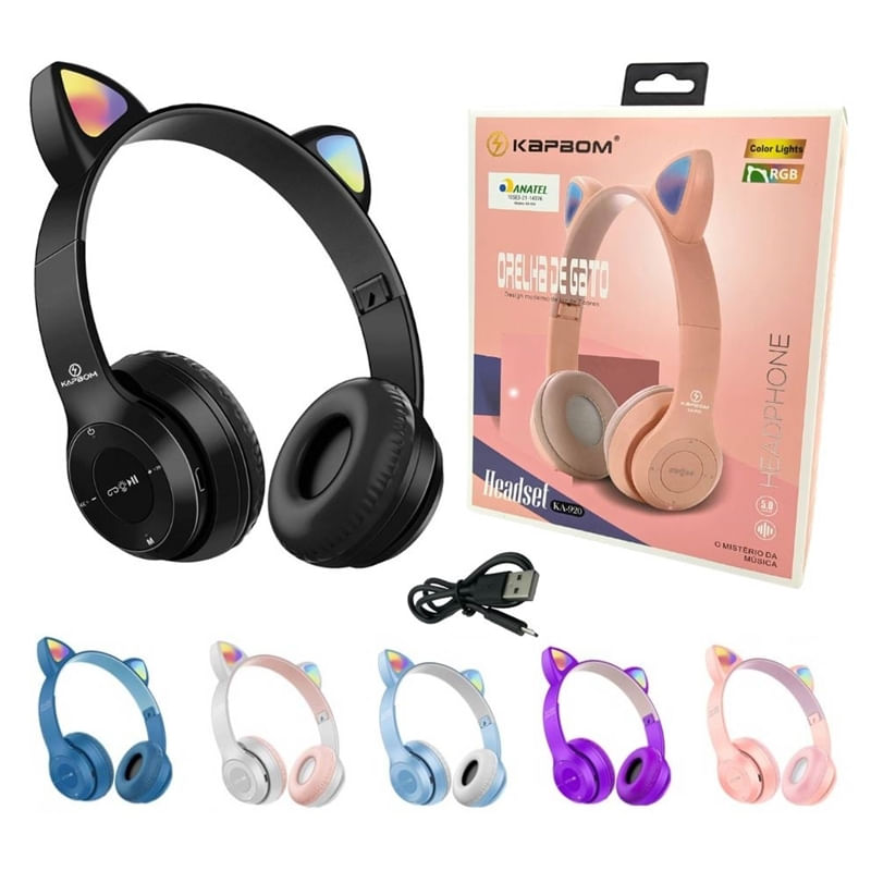 Fone De Ouvido Bluetooth Headset Com Orelha de Gatinho LED Rosa