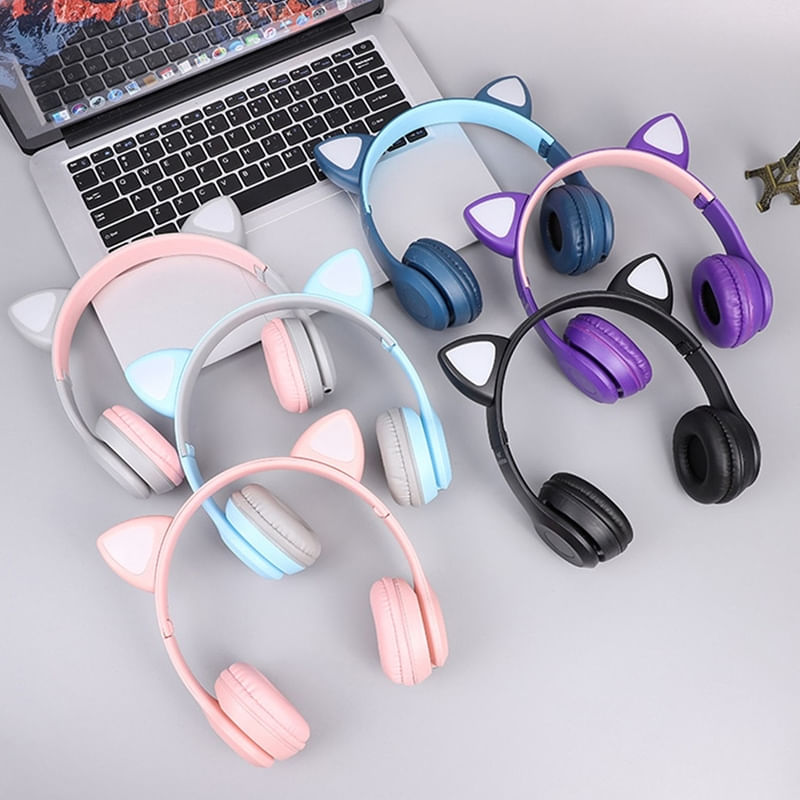 Fone De Ouvido Bluetooth Headset Com Orelha de Gatinho LED Rosa