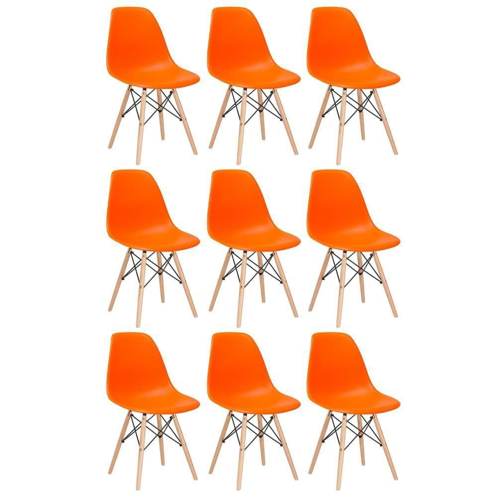 Kit 9 Cadeiras Charles Eames Eiffel Dsw Com Pés De Madeira Clara Laranja