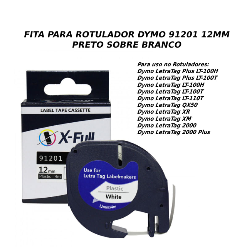 Fita Plástica Compatível Dymo Letratag 12mm Branca 91201