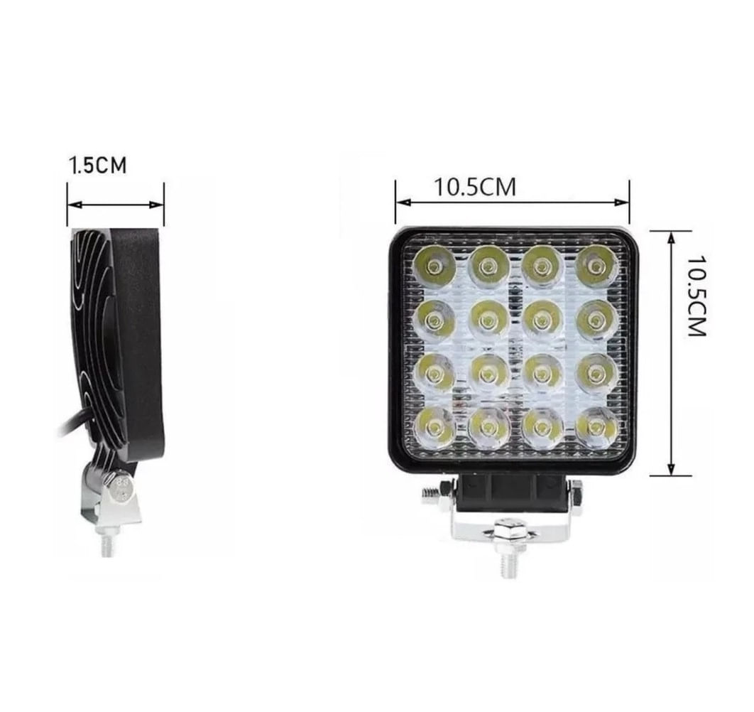 Farol Auxiliar de Led Quadrado 12v/24v 6000k 48W 16 Leds