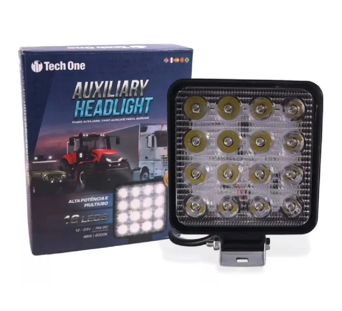 Farol Auxiliar de Led Quadrado 12v/24v 6000k 48W 16 Leds