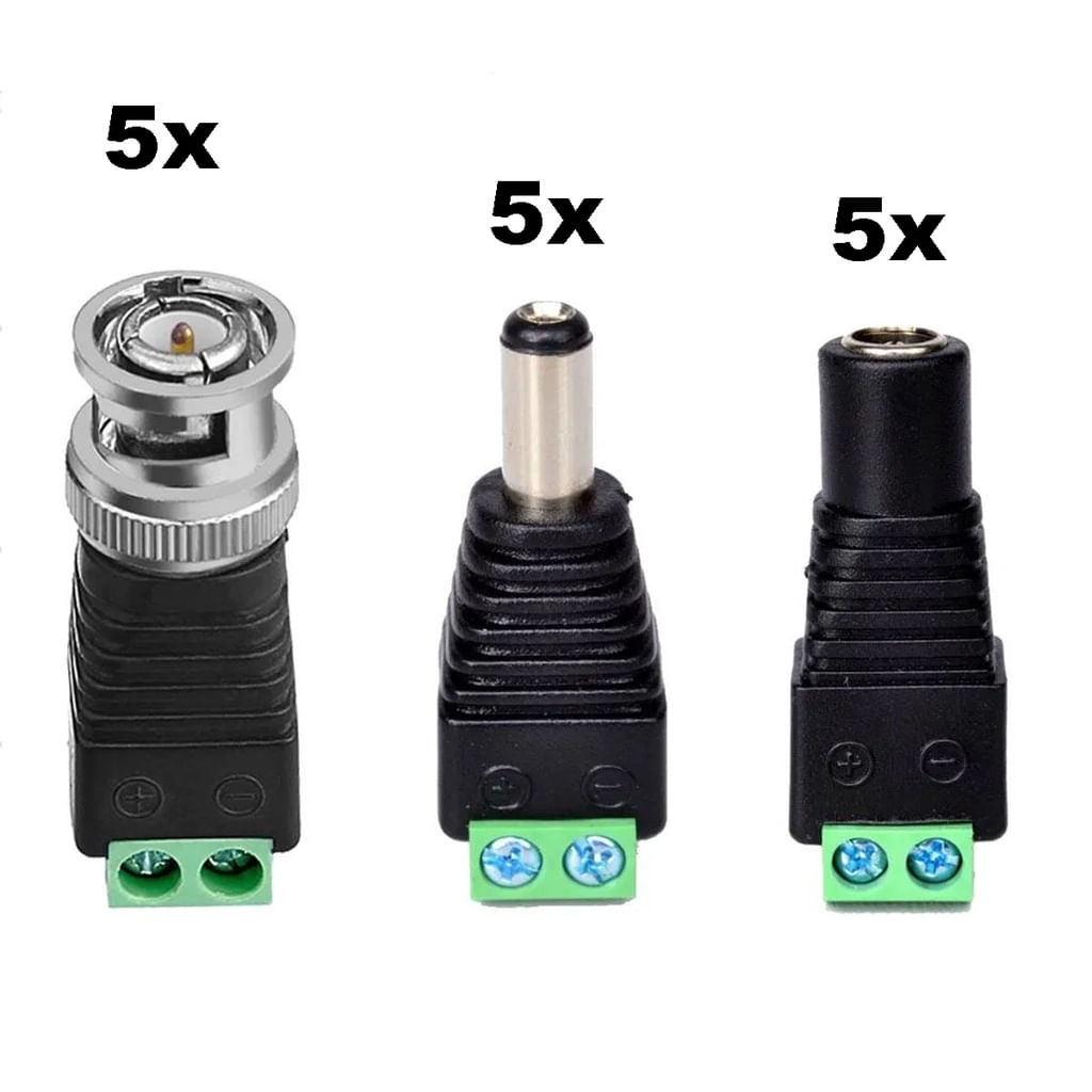 5x plug P4 macho + 5x plug P4 fêmea + 5x plug BNC Macho = Kit Conector KRE Parafuso CFTV Áudio Vídeo Energia