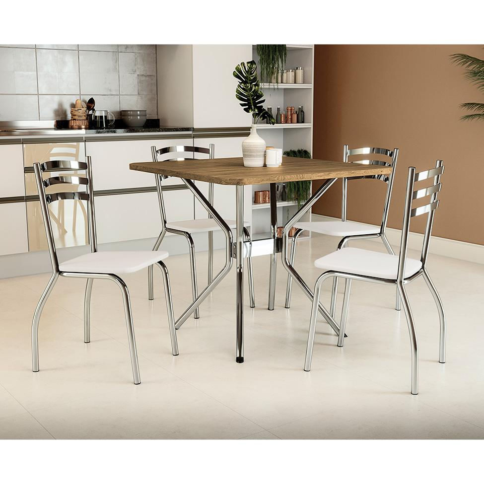 Conjunto de Mesa de Cozinha Quadrada com Tampo MDP e 4 Cadeiras Monique Corino Branco e Cromado