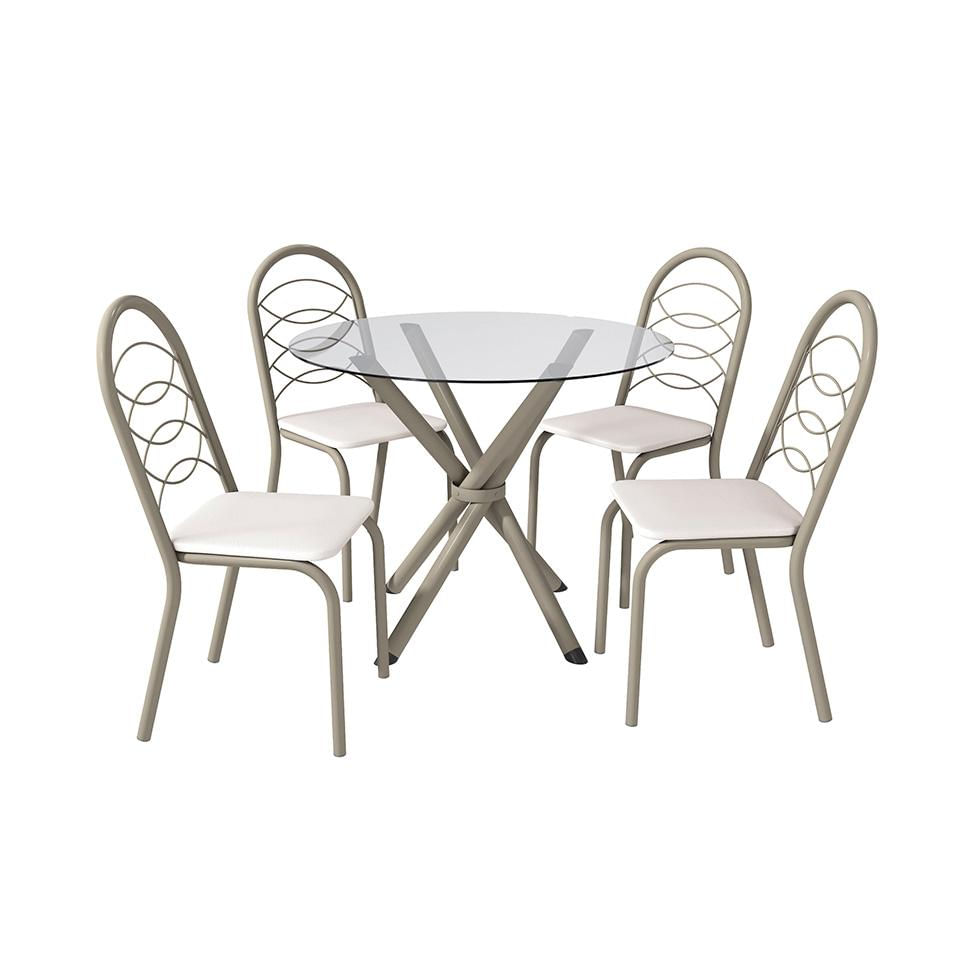 Conjunto de Mesa de Cozinha Redonda com Tampo de Vidro e 4 Cadeiras Monika Corino Branco e Nikel