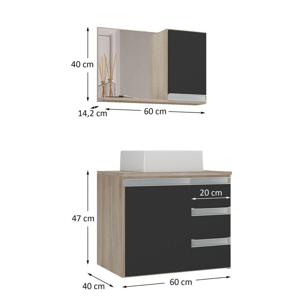 Conjunto Gabinete Banheiro Prisma 60cm Gabinete + Cuba + Espelheira Com Vidro Madeirado Preto