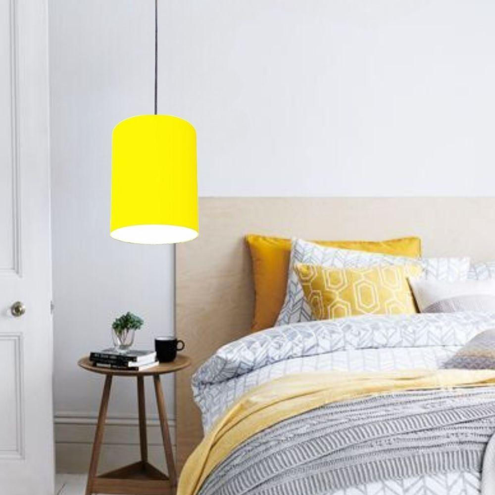 Luminária Pendente Vivare Free Lux Md-4104 Cúpula Em Tecido Amarelo Da Canopla Canopla Preta E Fio Preto