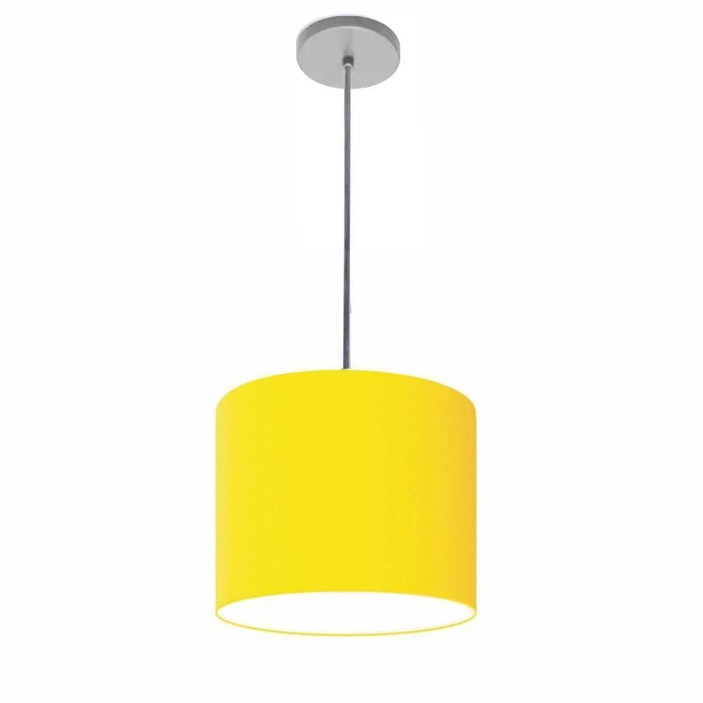 Luminária Pendente Vivare Free Lux Md-4105 Cúpula Em Tecido Amarelo Da Canopla Canopla Cinza E Fio Cristal