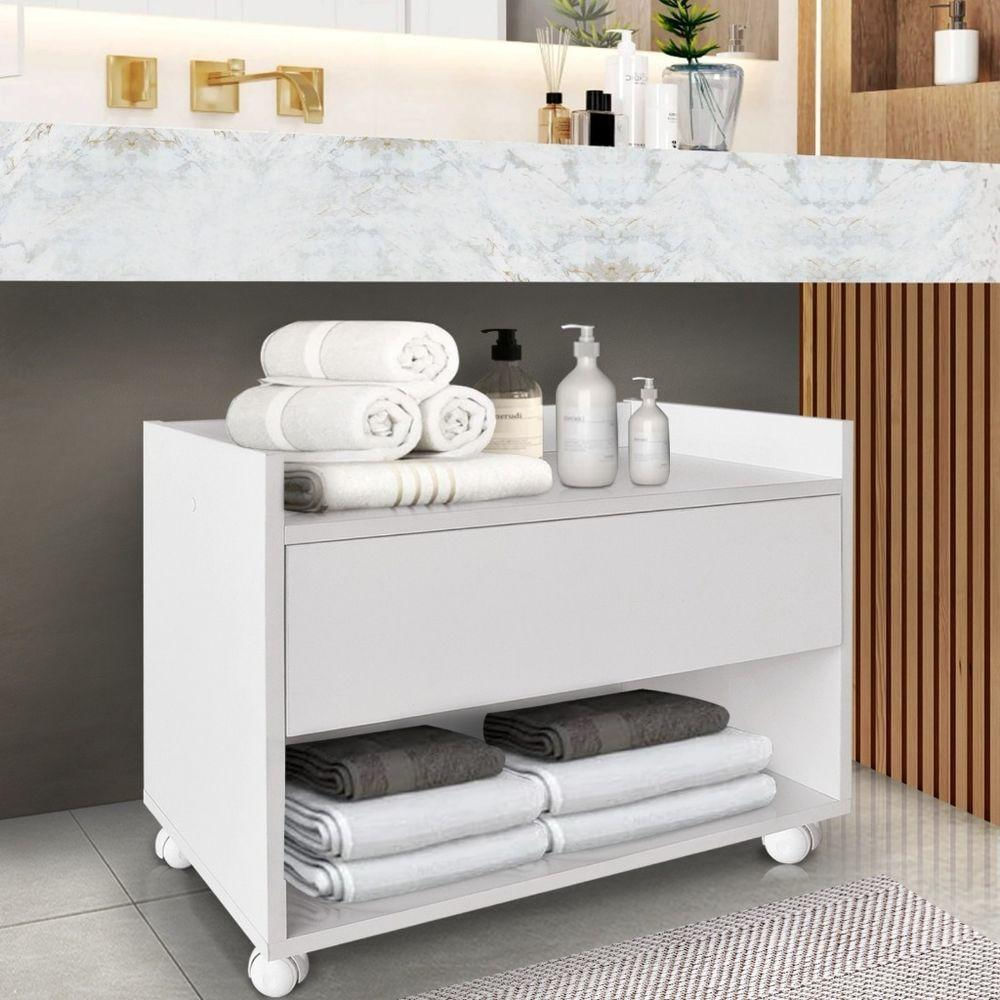 Balcão Móvel De Banheiro Mdf Organizador Gabinete Com Rodízios SSX Multicoisas Branco