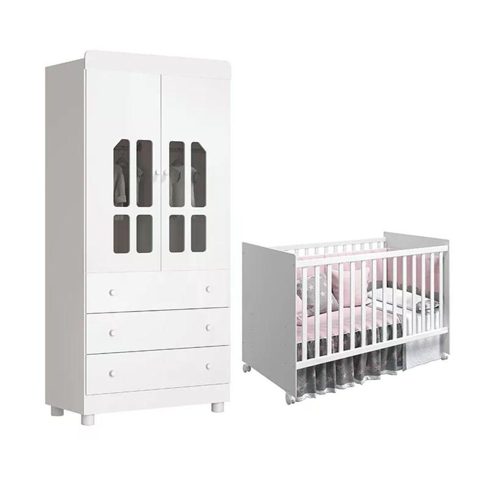 Quarto Infantil Com Guarda Roupa 2 Portas Katatau E Berço Tico Branco Brilho Reller Móveis Branco Brilho