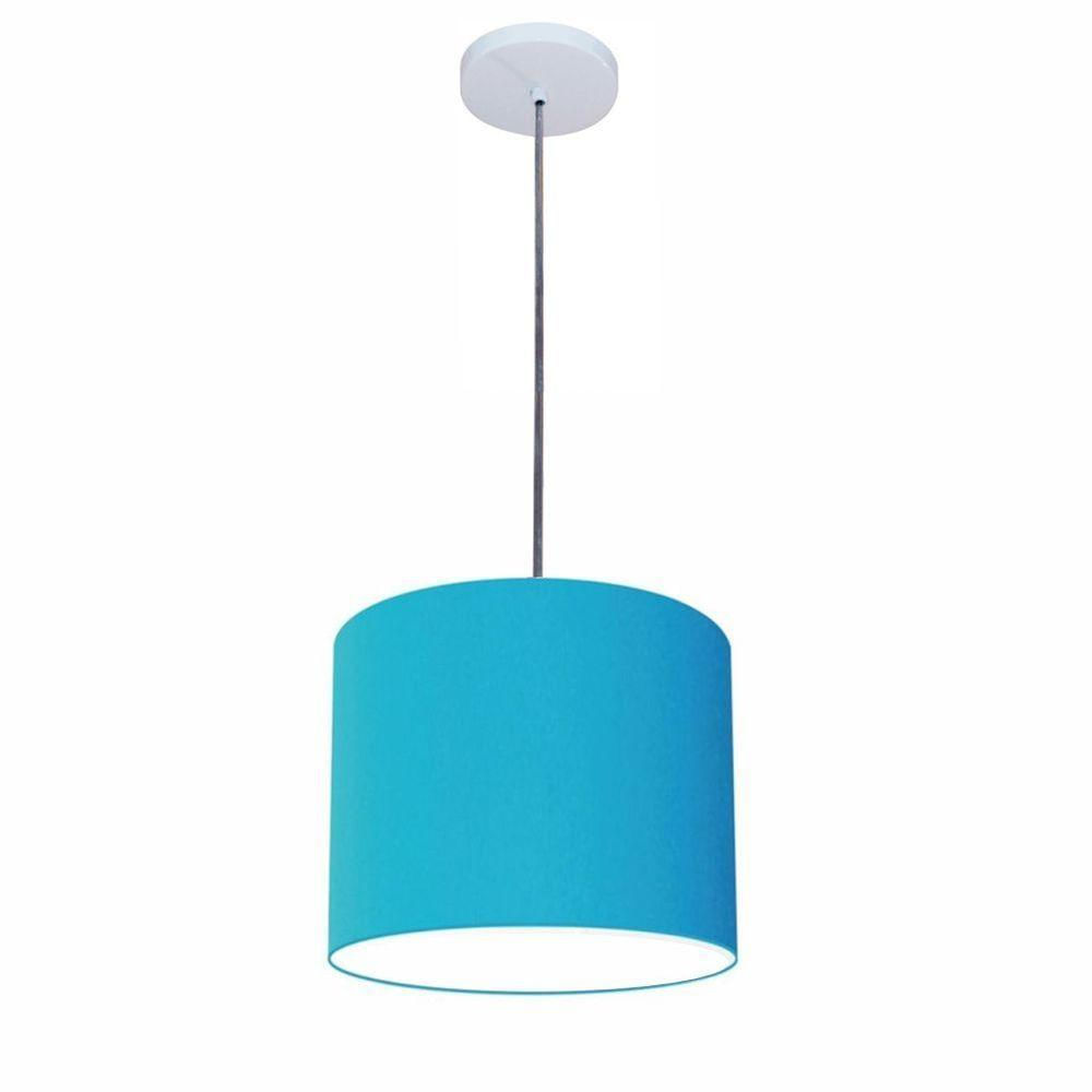 Luminária Pendente Vivare Free Lux Md-4106 Cúpula Em Tecido Azul-turquesa Da Canopla Canopla Branca E Fio Transp