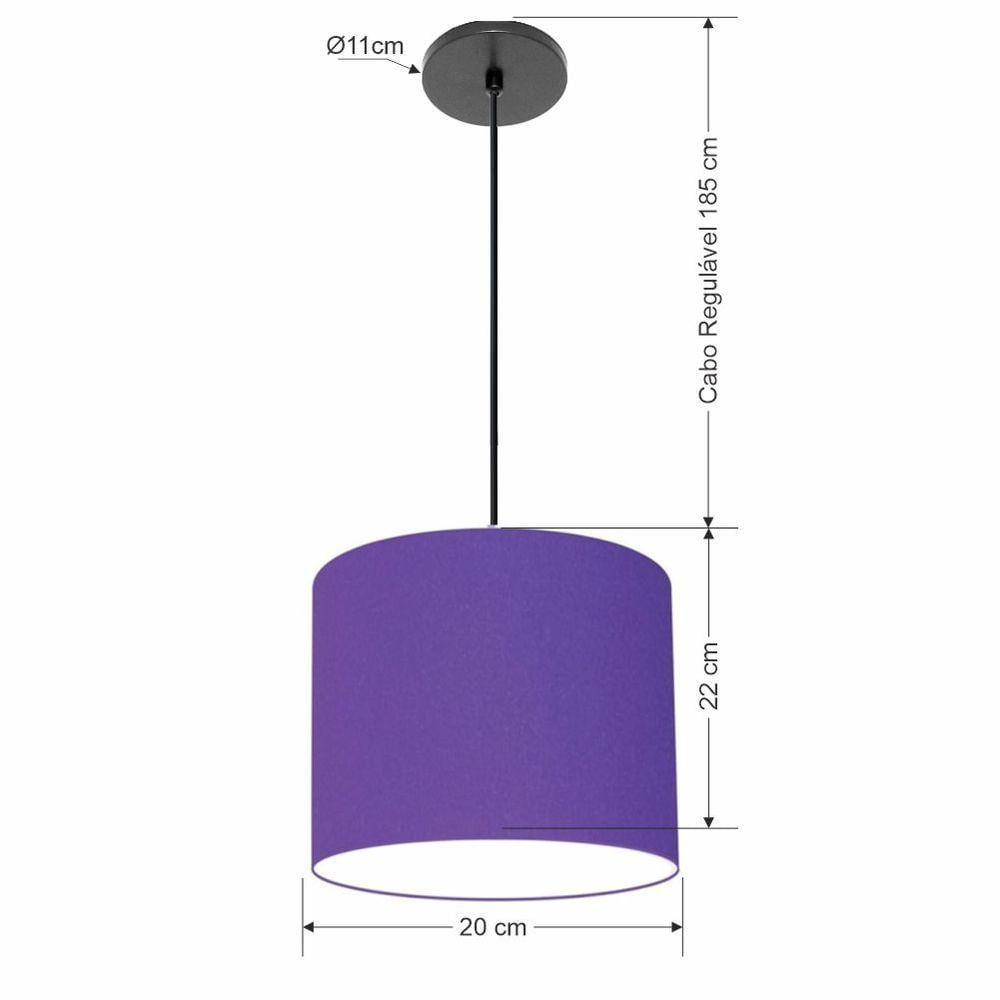 Luminária Pendente Vivare Free Lux Md-4105 Cúpula Em Tecido Roxo Da Canopla Canopla Preta E Fio Preto