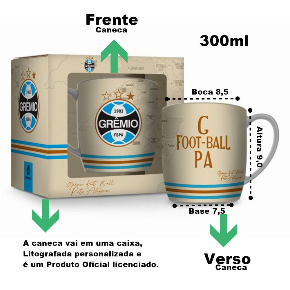 Caneca Porcelana Premium BrasFoot Gremio Mapa 300 ML Urban Licenciada Branco