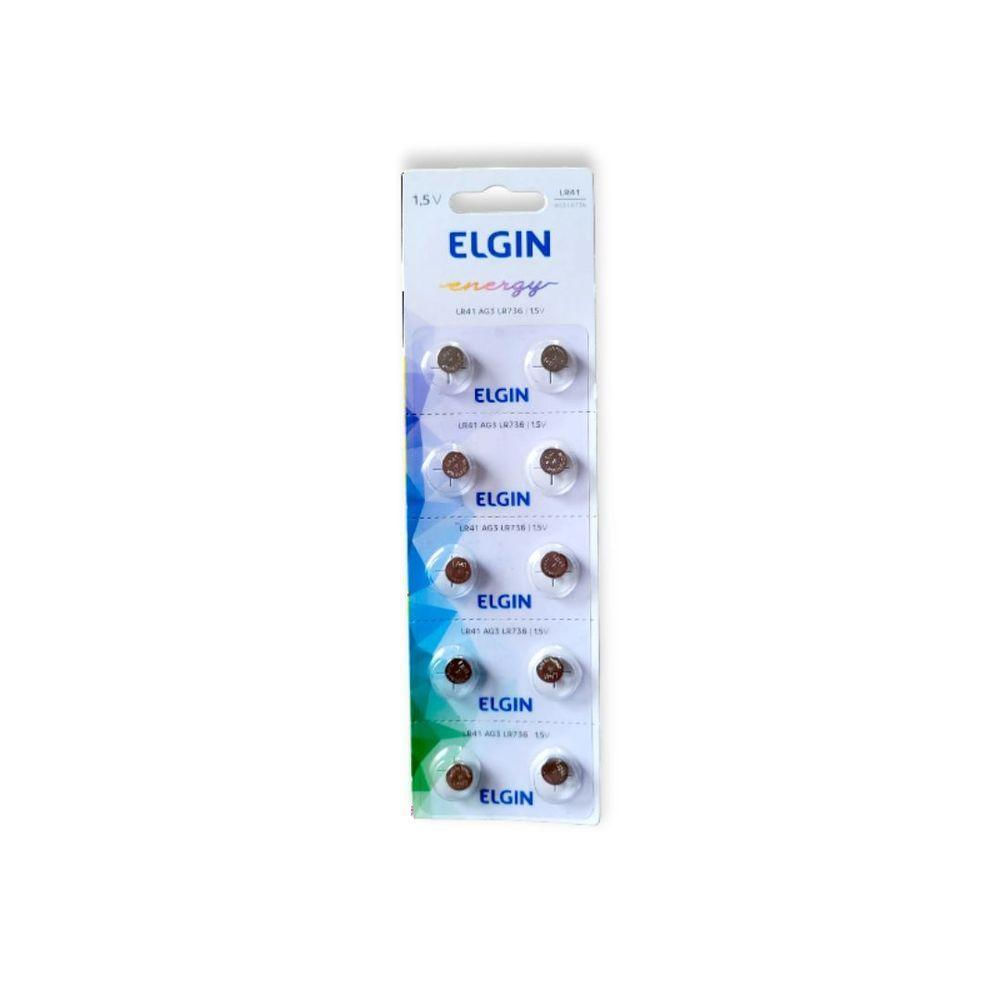 Bateria Lr41 Ag3 Lr736 1,5v Cartela Com 10 Unidades Elgin Metal