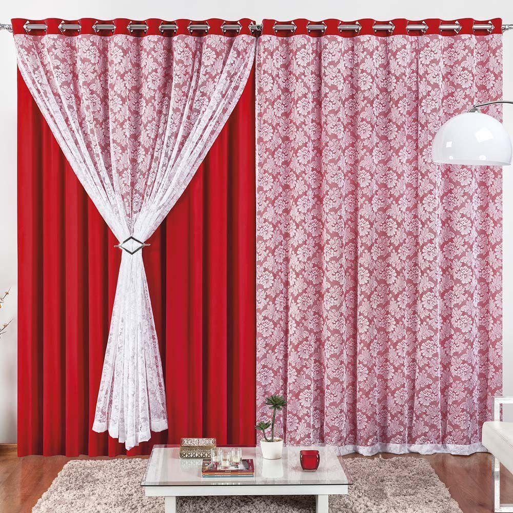 Cortina Serena  Renda Floral e Malha 4,00M X 2,50M Vermelho