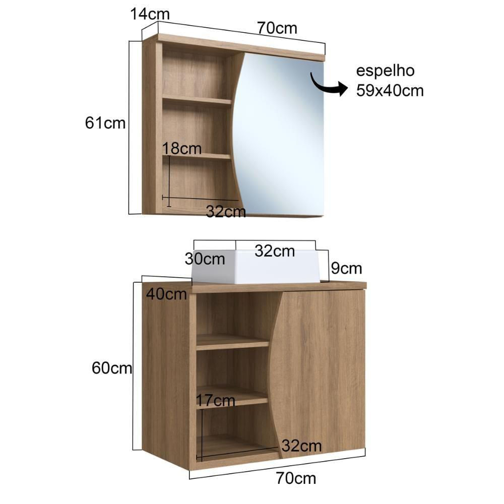 Gabinete De Banheiro 70cm Laura Com Espelheira 01 Porta Mel E Cuba Branca