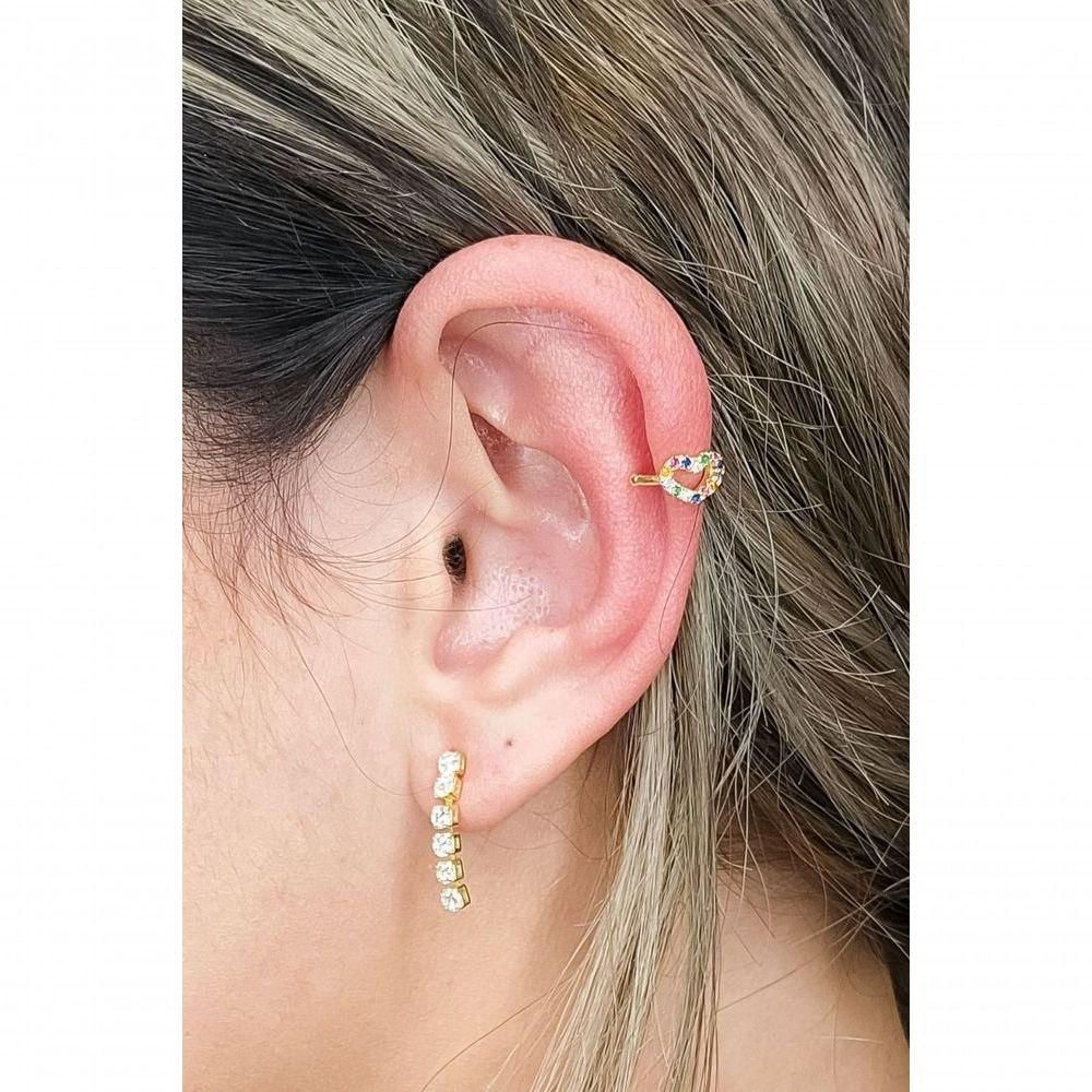 Piercing Fake Com Coração De Zircônias Coloridas Banhado Em Ouro 18k