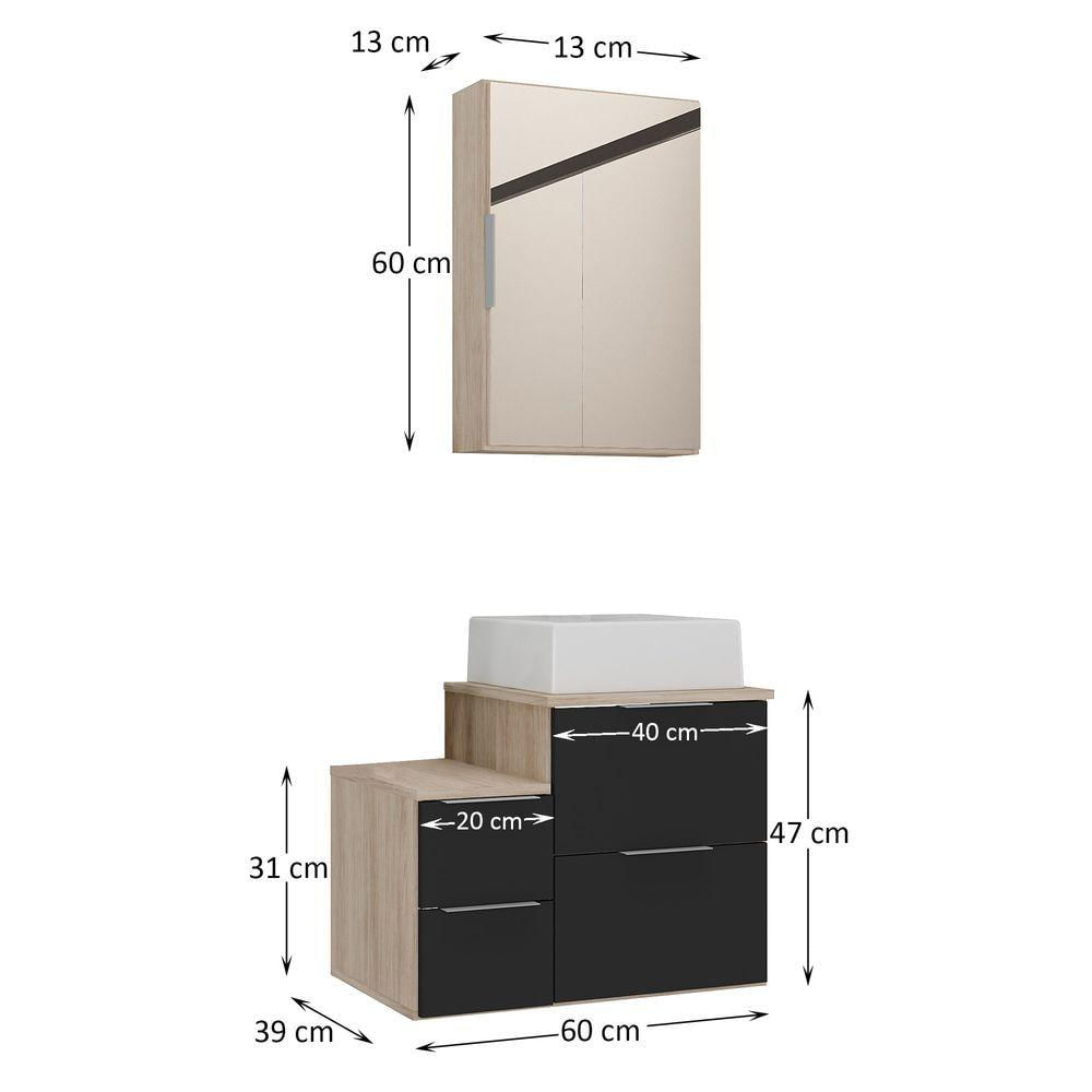 Conjunto Gabinete Banheiro Nivus 60 (gabinete+espelheira+cuba) Madeirado Preto