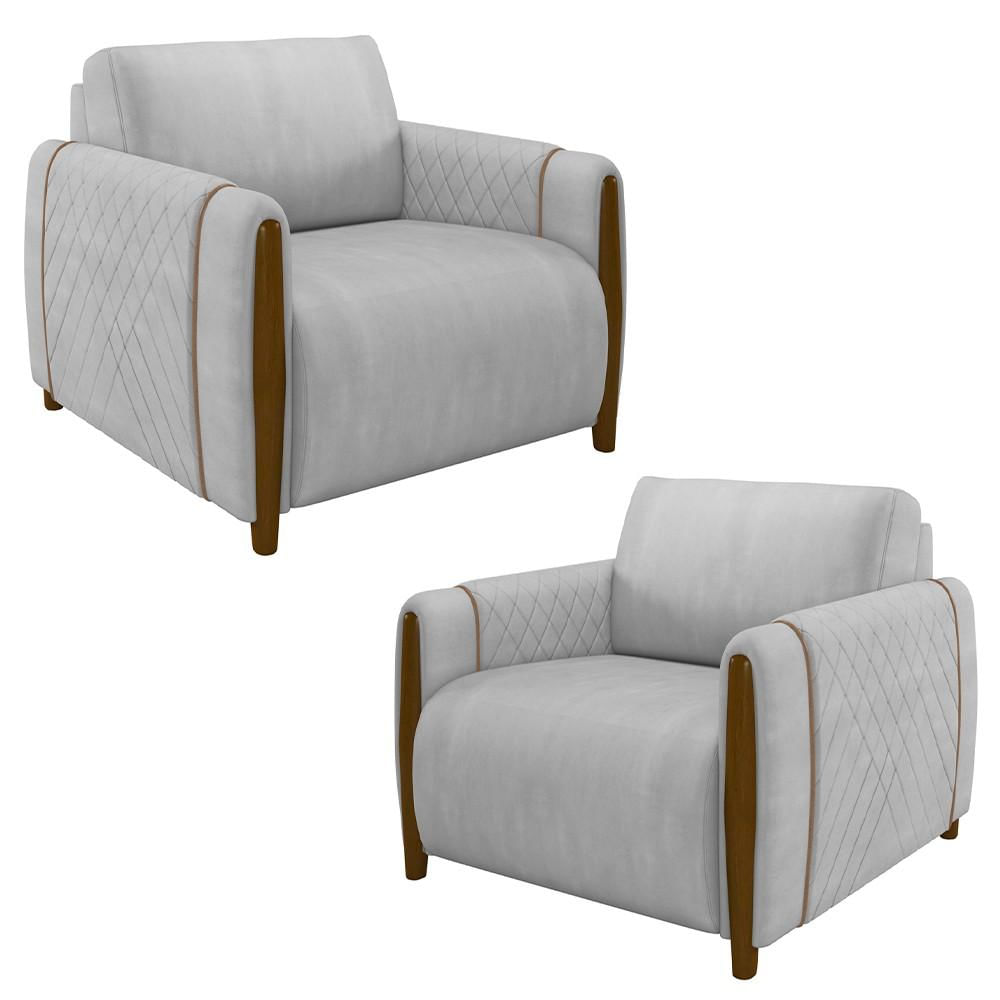 Kit 2 Poltronas Decorativas para Sala de Estar 98cm Amaranto M22 Veludo Cinza - Mpozenato