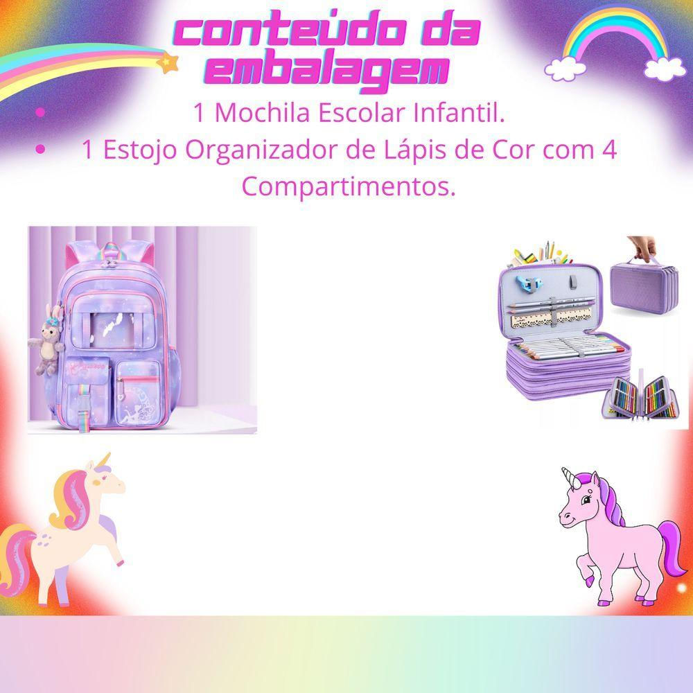 Kit Mochila Escolar Infantil Grande Capacidade Mais Estojo Escolar Grande Com 4 Compartimento lilas