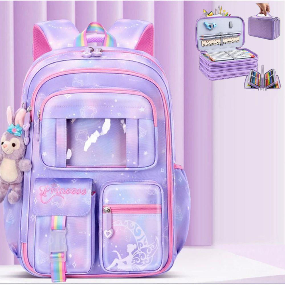 Kit Mochila Escolar Infantil Grande Capacidade Mais Estojo Escolar Grande Com 4 Compartimento lilas