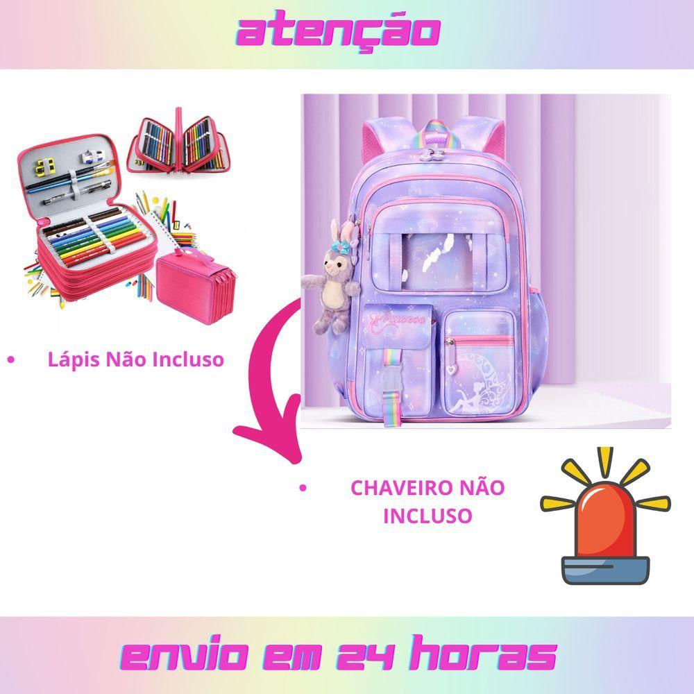 Kit Mochila Escolar Infantil Grande Capacidade Mais Estojo Escolar Grande Com 4 Compartimento lilas