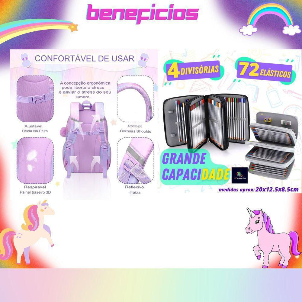 Kit Mochila Escolar Infantil Grande Capacidade Mais Estojo Escolar Grande Com 4 Compartimento lilas